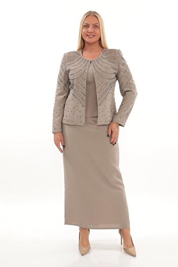 MİSS DİAMOND Stone Embroidered Long Sleeve Crepe Fabric Mink Triple Skirt Suit