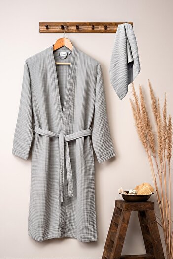 Denizli Concept Gray Unisex Kimono Muslin Bathrobe and Towel Set