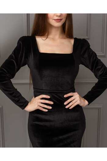 CİXAPLE Square Collar Lycra Velvet Dress