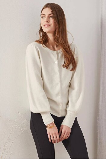 Tchibo Women Fine Knit Puff Sleeves Cardigan, Cream
