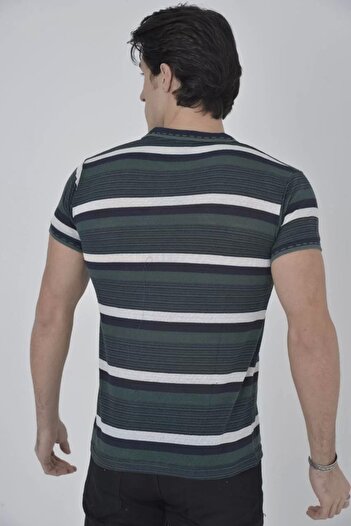 CVS Men's Collared Slim Fit Woven Striped T-Shirt - Khaki