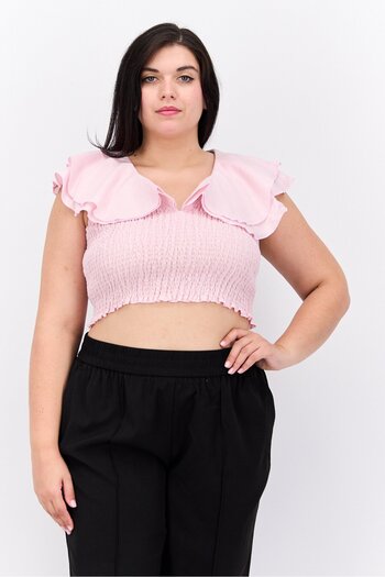 NA-KD Women Ruffle Neck Cap Sleeve Solid Top, Pink