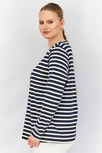 Tchibo Women Round Neck Long Sleeves Stripe Top, Navy