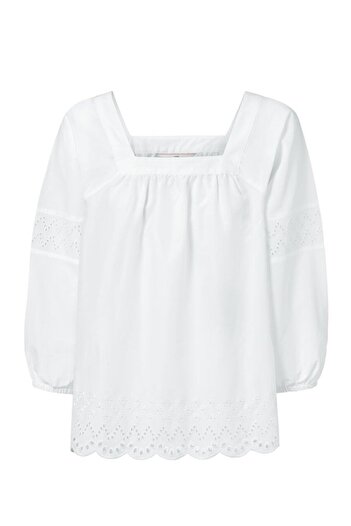 Tchibo Women Square Neck Long Sleeve Eyelet Blouse, White