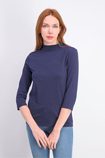 Tchibo Women Mock Neck Plain Long Sleeve Top, Navy