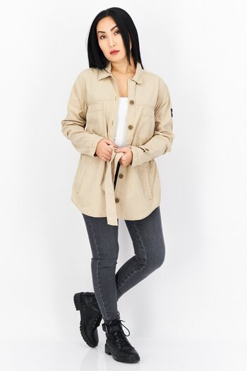 Aigle Women Plain Belted Long Sleeve Jacket, Beige