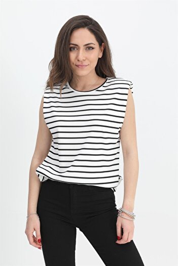 VAPUR TEKSTİL Tricou Umeri Căptușiți Fără mâneci Dungi - Alb
