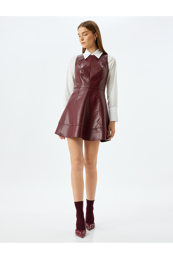 Koton Ärmelloses, glänzendes Mini-Kleid aus Kunstleder in A-Linie mit Rundhalsausschnitt