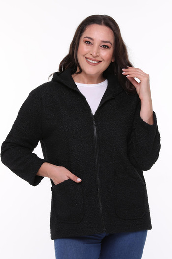 Zer Otantik Hooded Boucle Large Size Short Coat Black