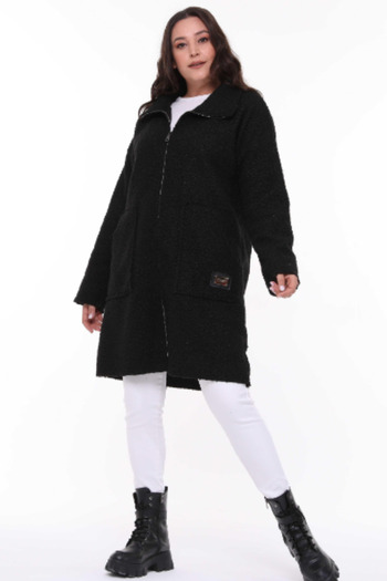 Zer Otantik Stand Collar Boucle Large Size Long Coat Black