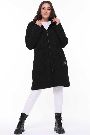 Zer Otantik Stand Collar Boucle Large Size Long Coat Black