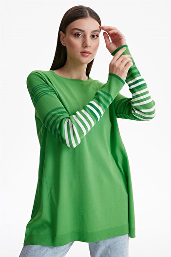Tığ Triko Basic Rayon Knitwear Tunic with Striped Sleeves Apple Green