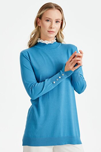 Tığ Triko COLLAR RIFFER DETAILED KNITWEAR TUNIC BLUE