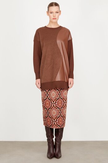 Tığ Triko Leather detail knitted tunic brown