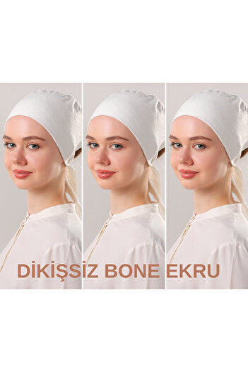 Melodi Scarf Women's Hijab Seamless Set Bonnet Ecru 3 Pieces Tied Combed Cotton Bonnet