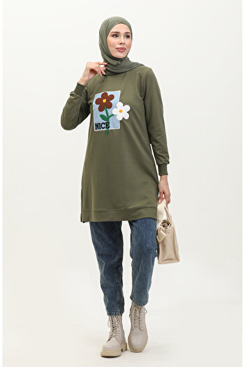 sefamerve 9116-07 Model Khaki Tunic - Daisy Embroidered