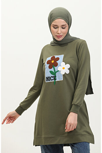 sefamerve 9116-07 Model Khaki Tunic - Daisy Embroidered