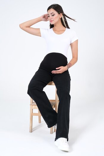 BUSA Pregnant Wrap-Around Flexible Banded Wide Leg Jeans with Back Belt Anthracite