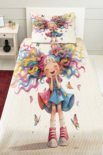 Else Dekor Cute Colorful Girl Patterned Children's Single Pique Set Quilted Bedspread