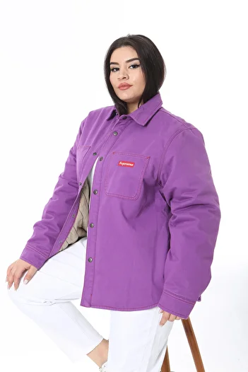 Şans Women's Plus Size Purple Inner Quilted Lined Snap Button Coat 65N38371