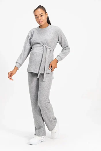 BUSA Gray Soft Knitwear Set with High Waist and Breastfeeding Detail - Wide Leg