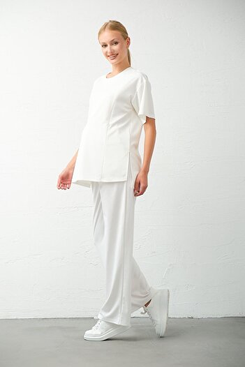 BUSA High Short Sleeve and Breastfeeding Detailed Wide Leg Maternity Tracksuit Set - White