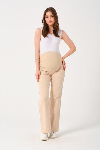 BUSA Beige Colored Maternity Pants - Flexible, Canvas Material, Adjustable Waist and Abdominal Band