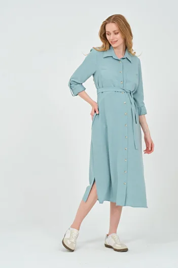 BUSA Turquoise Midi Dress - Maternity Shirt Collar, Front Pocket