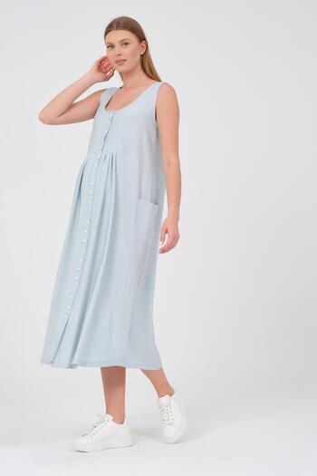 BUSA Maternity Mint Green Midi Dress - Front Button and Side Pocket, Zero Sleeve