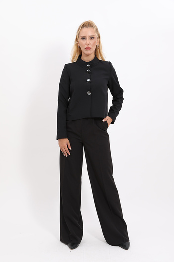 ÖNDER ÖZSOY Neck Buttoned Mini Jacket & High Waist Pleated Wide Leg Trousers Set-black