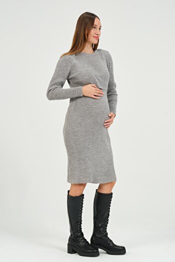BUSA Maternity Midi Length Breastfeeding Detailed Knitwear Dress Gray