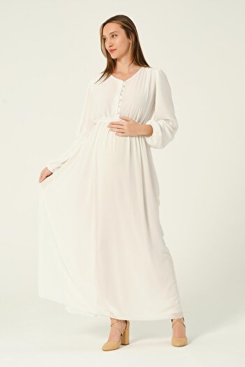 BUSA Maternity Lace-up Waist Chiffon Maxi Length Hijab Dress White