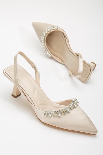Dilimler Ayakkabı Satin Stone Symmetrical Cut Black Beige Heeled Women's Evening Dress Shoes