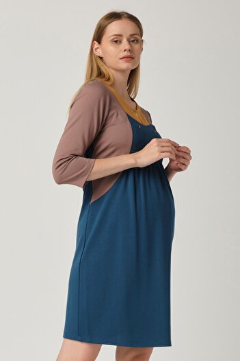 BUSA Maternity Casual Dress Zipper Collar Turquoise