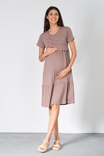 BUSA Maternity Breastfeeding Detailed Short Sleeve Combed Cotton Dress Mink