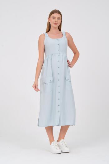 BUSA Mint Green Midi Maternity Dress - With Straps, Buttons on the Front and Pockets