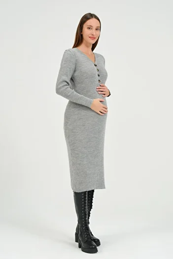 BUSA Maternity Midi Length V-Neck Buttoned Knitwear Dress Gray