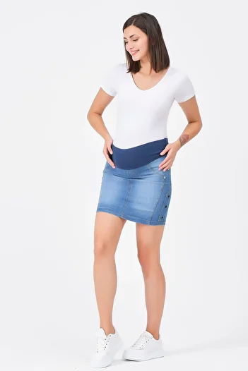 BUSA Mini Fusta Denim Albastra - Maternitate elastica si cu bretele abdominale
