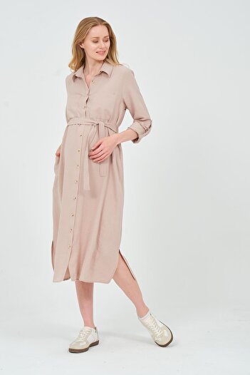 BUSA Mink Colored Maternity Midi Dress - Shirt Collar and Front Pocket