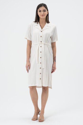 BUSA Maternity Wrapped Fabric Short Sleeve Belted Dress Ecru