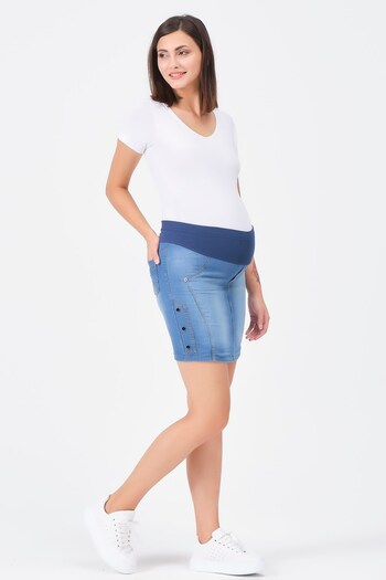 BUSA Mini Fusta Denim Albastra - Maternitate elastica si cu bretele abdominale