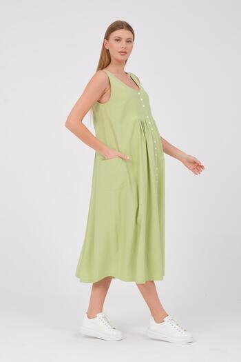 BUSA Pistachio Green Maternity Midi Dress - Zero Sleeve, Button Front and Side Pocket