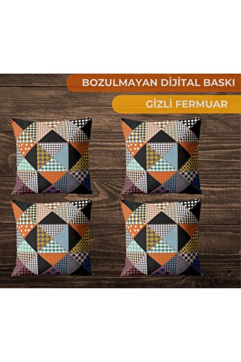 CİMENS 4-Piece Digital Printed Gift Sofa Set - Geometric Pattern, White, Blue, Yellow and Brown