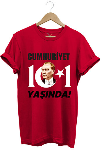 WİDİ 29 October Republic Day Atatürk Moon Star Printed Republic 101 Years Old Turkey Red T-Shirt