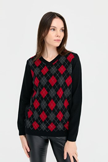 Desen Triko Women's V-Neck Baklaval Wool Sweater Black
