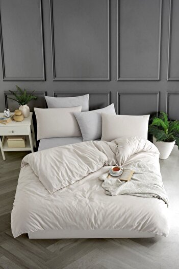 Tabu Home Yarn-Dyed Beige Sheet Elastic Single Duvet Cover Set