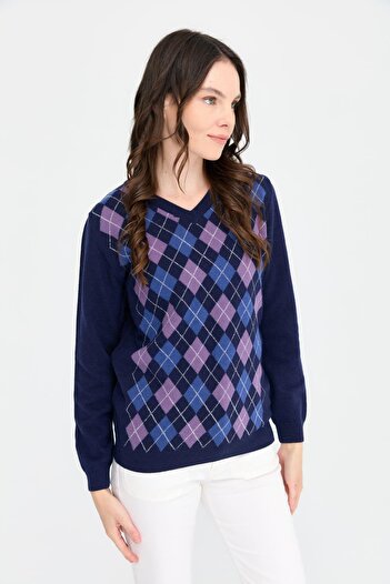 Desen Triko Navy Blue V-Neck Wool Sweater - Baklavalı Women's Sweatshirt