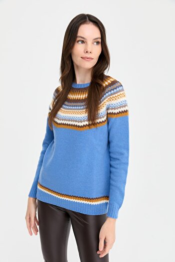 Desen Triko Pulover de lână pentru femei O.Blue - Decolteu și detalii jacquard