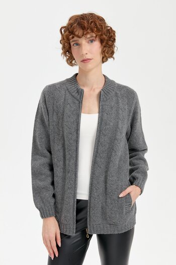 Desen Triko Smoke Colored Women's Wool Cardigan - Stand Collar and Hair Braid