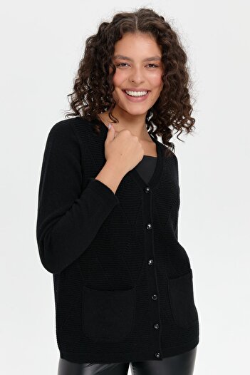 Desen Triko Women's V-Neck Seamless Checkered Buttoned Wool Cardigan Black